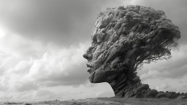 A black and white photograph of a tree with the appearance of a human face. The tree stands on a hillside, with a cloudy sky behind it. The stony texture of the tree and its human-like form create a sense of mystery and wonder.