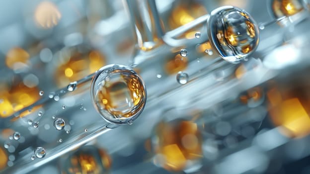 The image shows a close-up of water droplets on a glass surface, with golden reflections visible inside each droplet. The background is out of focus, creating a soft and ethereal feel.