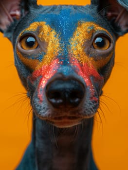 A close-up portrait of an Italian Greyhound with a black and tan coat. The dogs face is covered in colorful glitter makeup, creating a vibrant and playful look. The dog is looking directly at the camera with a curious expression, its eyes wide and bright. The background is a solid orange, highlighting the dogs striking features.