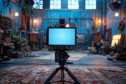A film camera sits on a tripod in a blue studio setting with a screen on the back displaying a blue background. The camera is in focus with the background slightly blurred. This image is perfect for any project that needs a cinematic feel.