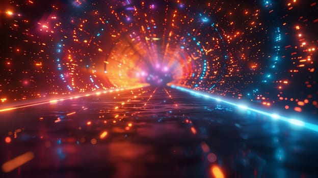 A digitally rendered image of a glowing tunnel with blue and orange lights. The tunnel appears to be made of a series of interconnected rings, and the lights create a sense of movement and energy. The background is a dark void, which emphasizes the brightness of the lights.