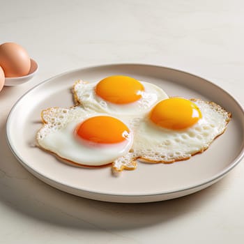 Fried eggs on a modern plate on a white table. Healthy breakfast. High quality photo