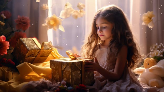 A young girl is unwrapping a Christmas gift surrounded by a tableware of presents.