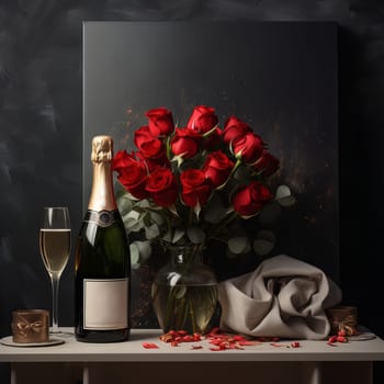 Valentines day hearts background with wine and flowers. High quality photo