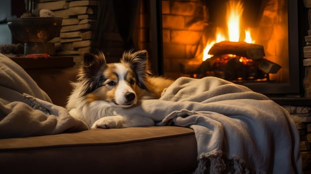 The dog lies on a blanket by the burning fireplace in the room in the evening. Ai art.