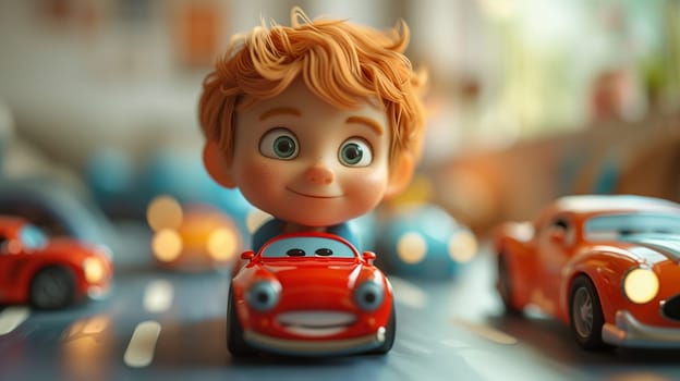 A closeup shot of a toy boy with red hair and green eyes, smiling as he drives a red toy car. The boy is sitting in the car, which has large, cartoon-like eyes and a wide smile. The car is on a table with other toy cars in the background. The image is taken from a low angle, focusing on the boy and the car.