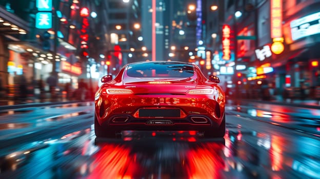 This image shows a red sports car driving down a city street at night. The cars taillights are visible, and the street is illuminated by the citys lights. There are buildings and shops on both sides of the street, and the image is taken from a slightly elevated perspective. The image has a sense of speed and movement, as the car is in motion and the background is blurred.