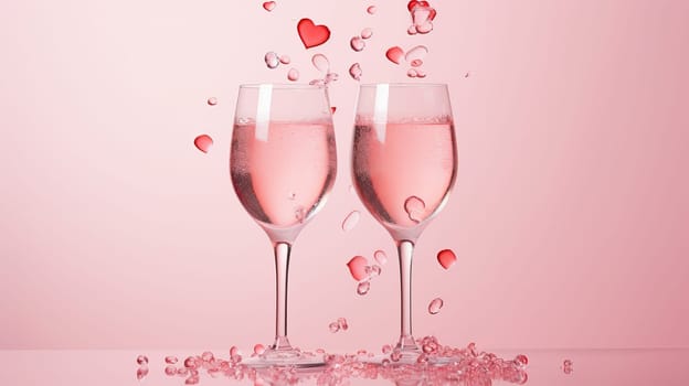 Two wine glasses with splashes of red hearts. Ai art