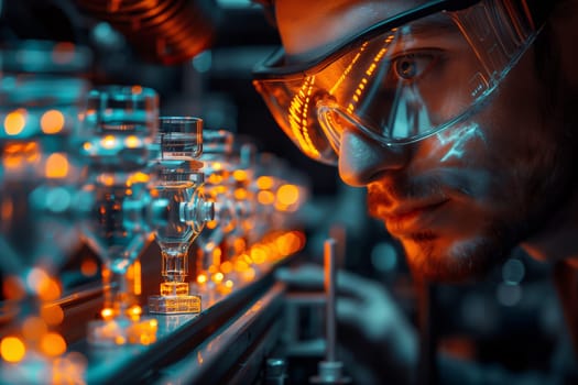 A close-up shot of a scientist wearing safety goggles in a laboratory setting, carefully examining a row of glassware illuminated by warm, orange light. The image captures the intricate details of the equipment and the scientists focused expression as they perform a critical task.
