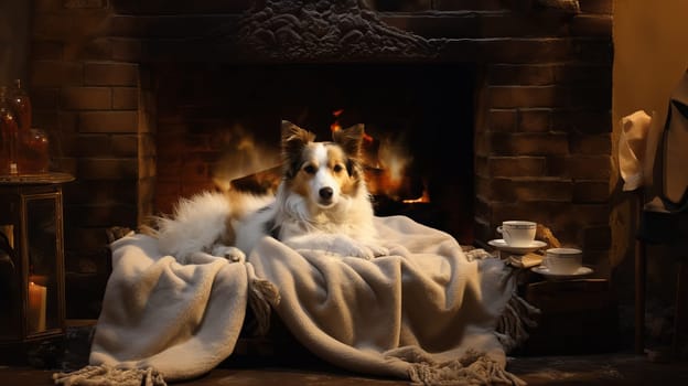 The dog lies on a blanket by the burning fireplace in the room in the evening. Ai art.