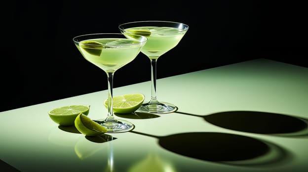 Two glass white cocktail on a dark background. Ai art. High quality photo