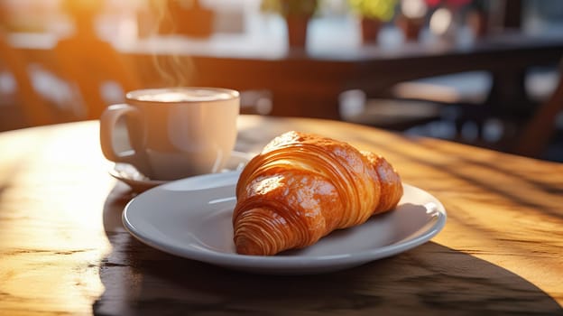 A cup of coffee with pastry croissant or cake on the table in a cafe. Ai art