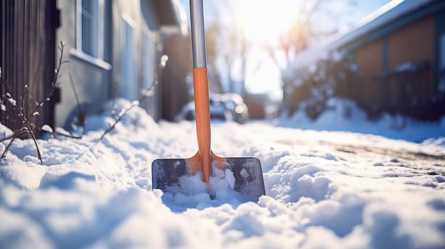 snow shovel in the snow . High quality photo