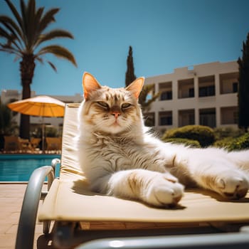 Cat with sunglasses lies on a sun lounger by the pool. Ai art. High quality photo