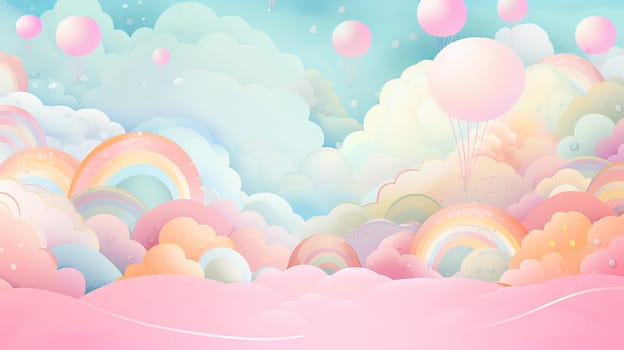 Background in pastel colors for children with clouds, balls, and flying air balloons. Ai art