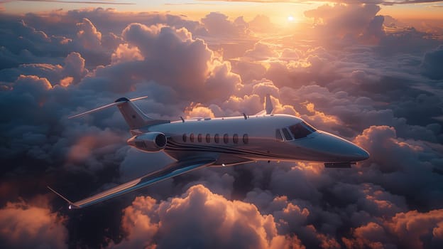 This image shows a private jet flying through a layer of clouds at sunset. The sun is shining brightly behind the jet, casting a warm glow on the clouds. The jet is flying high above the ground, and the clouds are spread out below it.