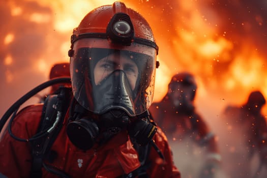 This image shows a firefighter, wearing full protective gear including a respirator mask and helmet, in front of a fire. The firefighters face is partially visible through the clear visor of the helmet, and the intense orange flames of the fire can be seen in the background. The image captures the intensity and danger of firefighting.