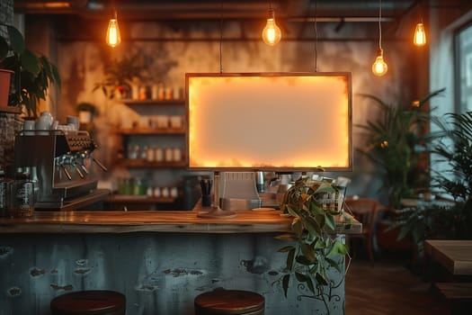 A wooden bar counter with a large, blank, illuminated sign hanging above it. The sign is framed in wood and has a warm, yellow glow. The counter is made of wood and metal and is adorned with plants. There are several bar stools in the background. The cafe is decorated in a modern style with exposed brick walls and industrial lighting.