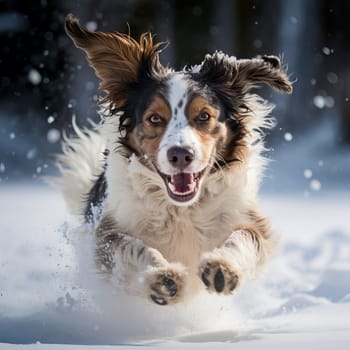 Dog running in deep snow. Ai art. High quality photo