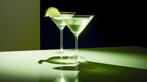 Two glass white cocktail on a dark background. Ai art. High quality photo