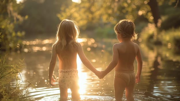 Two young children, a boy and a girl, hold hands and wade in a shallow river. The sun is setting behind them, casting a warm glow over the water. The children are both wearing swimsuits. The image evokes a sense of childhood innocence and joy.