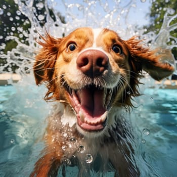 Joyful dog swims in the pool. Summer vacation concept. Ai art.