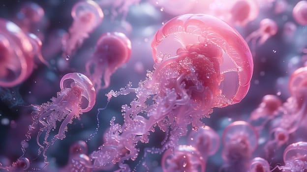 The image shows a close-up of several pink jellyfish swimming in the ocean. The jellyfish are translucent and have long, flowing tentacles. The water is clear and blue, and sunlight is shining through the water, creating a shimmering effect.