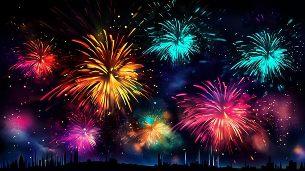 Beautiful and colorful fireworks in the night sky. Ai art