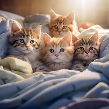 Little cute kittens sitting on the bed on a blanket. Ai art