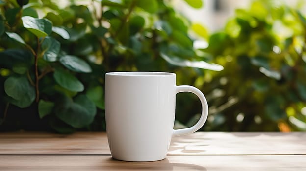 A white coffee mug on a table next to a plant. Ai art