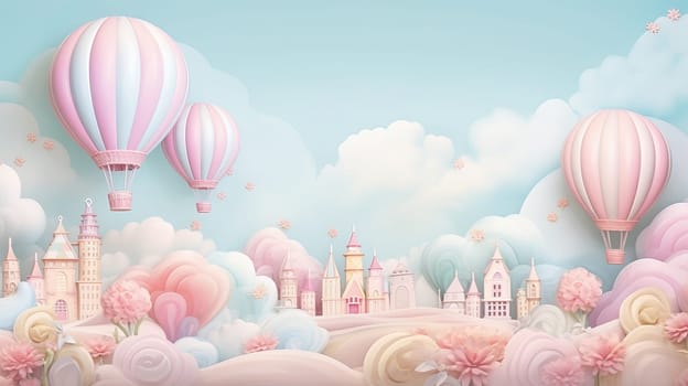 Background in pastel colors for children with clouds, balls, and flying air balloons. Ai art