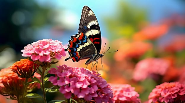 Beautiful multi-colored butterfly on a flower. Beauty in nature. Ai art.