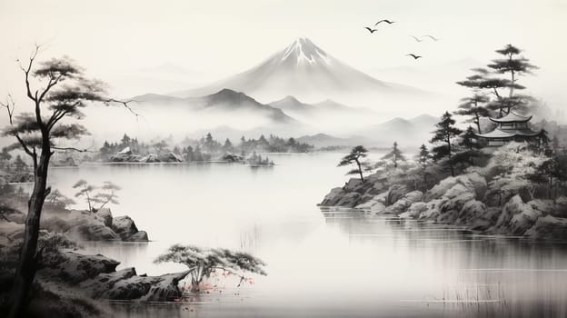 Japanese landscape watercolor black and white. Lake in the mountains and sakura trees. Ai art