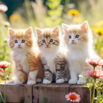 Little cute kittens sitting on the bed on a blanket. Ai art