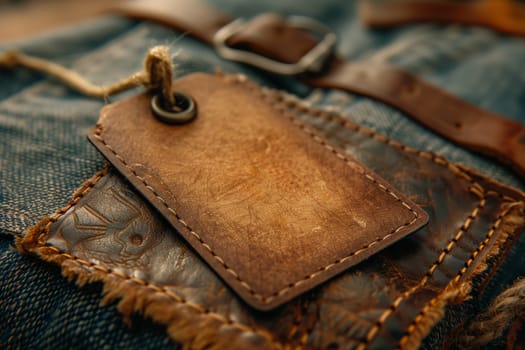A close-up image of a brown leather tag with visible stitching, attached to a pair of blue denim jeans. The tag is blank and ready for customization. It has a vintage feel, suggesting a timeless quality. The image is taken from a slightly elevated angle, highlighting the texture of the leather.