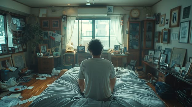 A man sits on a bed in a cluttered bedroom. The room is filled with pictures on the walls, many of which are in frames. The bed is unmade, and there are papers and other items scattered on the floor. The man is wearing a white shirt and has his back to the camera. The room has a dark and moody feel.