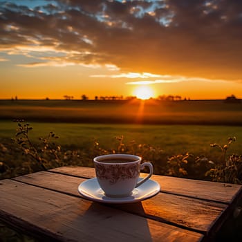 A cup of coffee on a table in front of a field with at sunset. Ai art