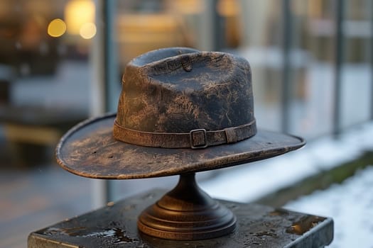A distressed brown leather cowboy hat with a wide brim and a leather band sits on a wooden display stand. The hat has a worn and weathered look, with visible cracks and scratches on the leather. The background is blurry and out of focus, suggesting an outdoor setting.