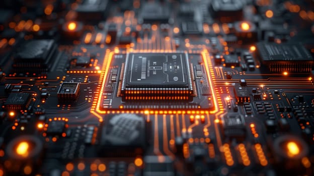 A close-up shot of a lit microchip on a circuit board, showcasing intricate wiring and glowing orange light emanating from the chips edges. The image captures the complexity and beauty of modern technology, highlighting the intricate network of components that power our digital world.