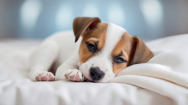 Jack russel terrier puppy sleeping on white bed. Ai art