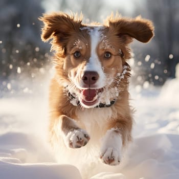 Dog running in deep snow. Ai art. High quality photo