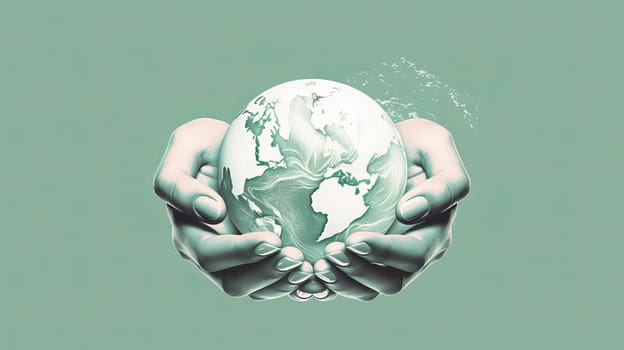 Hand holding the glass globe, white and light green color. Ai art.