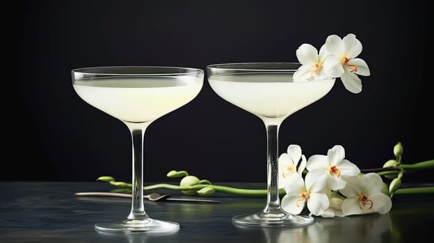 Two glass white cocktail on a dark background. Ai art. High quality photo