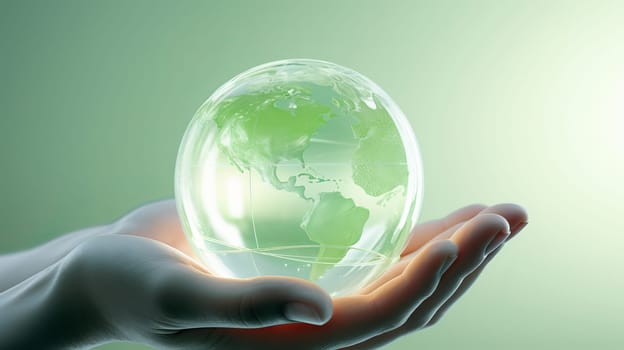 Hand holding the glass globe, white and light green color. Ai art.