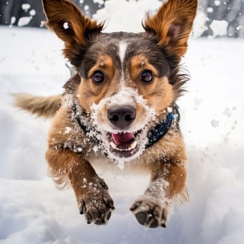 Dog running in deep snow. Ai art. High quality photo