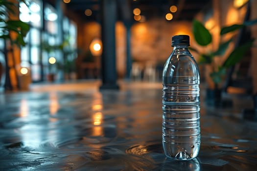 A clear plastic water bottle stands on a shiny floor, reflecting the ambient light from a modern interior. The blurred background features an open space with plants, windows, and warm lighting. The bottles simple design and the reflective surface create a minimalist and inviting atmosphere.