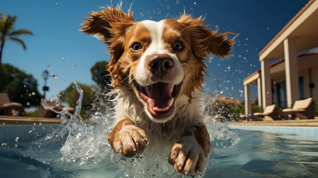 Joyful dog swims in the pool. Summer vacation concept. Ai art.