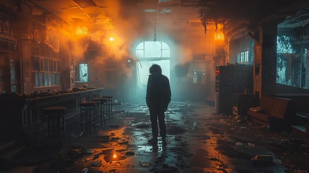 The image depicts a person standing in the middle of a darkened, abandoned bar. The room is filled with smoke, and there are overturned chairs and debris scattered throughout the space. The persons silhouette is visible against a bright, ethereal glow emanating from a large window behind them.