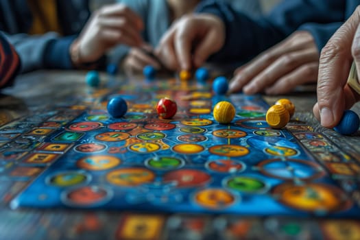 A close-up shot of a board game being played, focusing on a players hands moving colored game pieces along a brightly colored board. The game is in progress, with several pieces already placed on the board. The focus is on the hands and the game pieces, with the players faces blurred out. The image captures the excitement and focus of playing a board game.