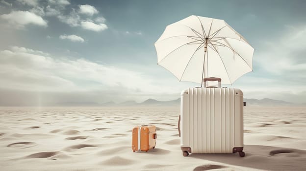 Travel suitcases and umbrella on the sand. Vacation concept. Ai generadet art. High quality photo